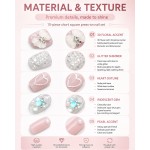 Nude‑Pink Short Square Press‑On Nails, Gentle Style False Nails with 3D Flowers, Hearts, Pearls & Glitter Rhinestones
